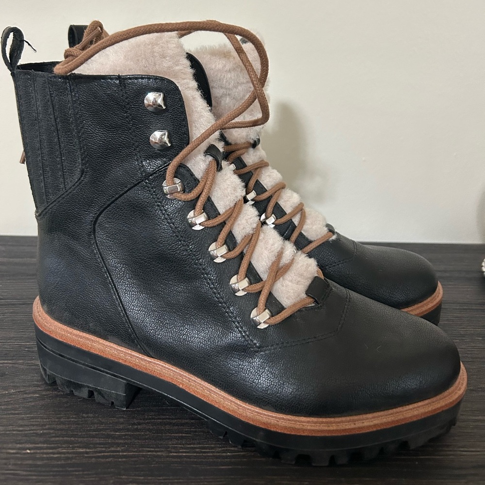 NEW Nine West Black Lace-Up Faux Shearling Combat Boots with Brown Accents